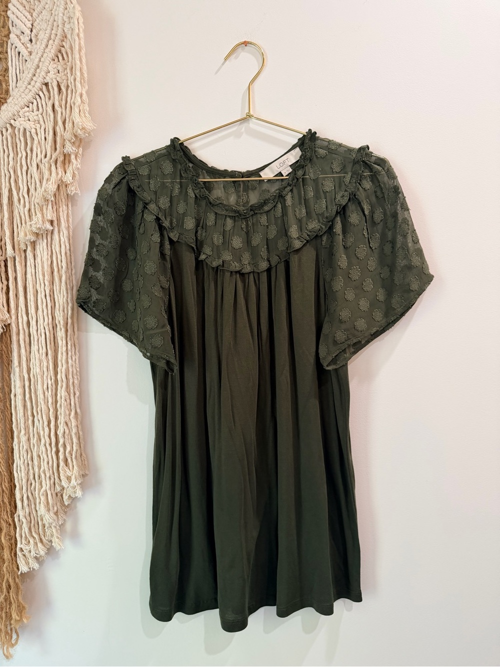 LOFT Olive Green Swiss Dot Ruffle Yoke Blouse
